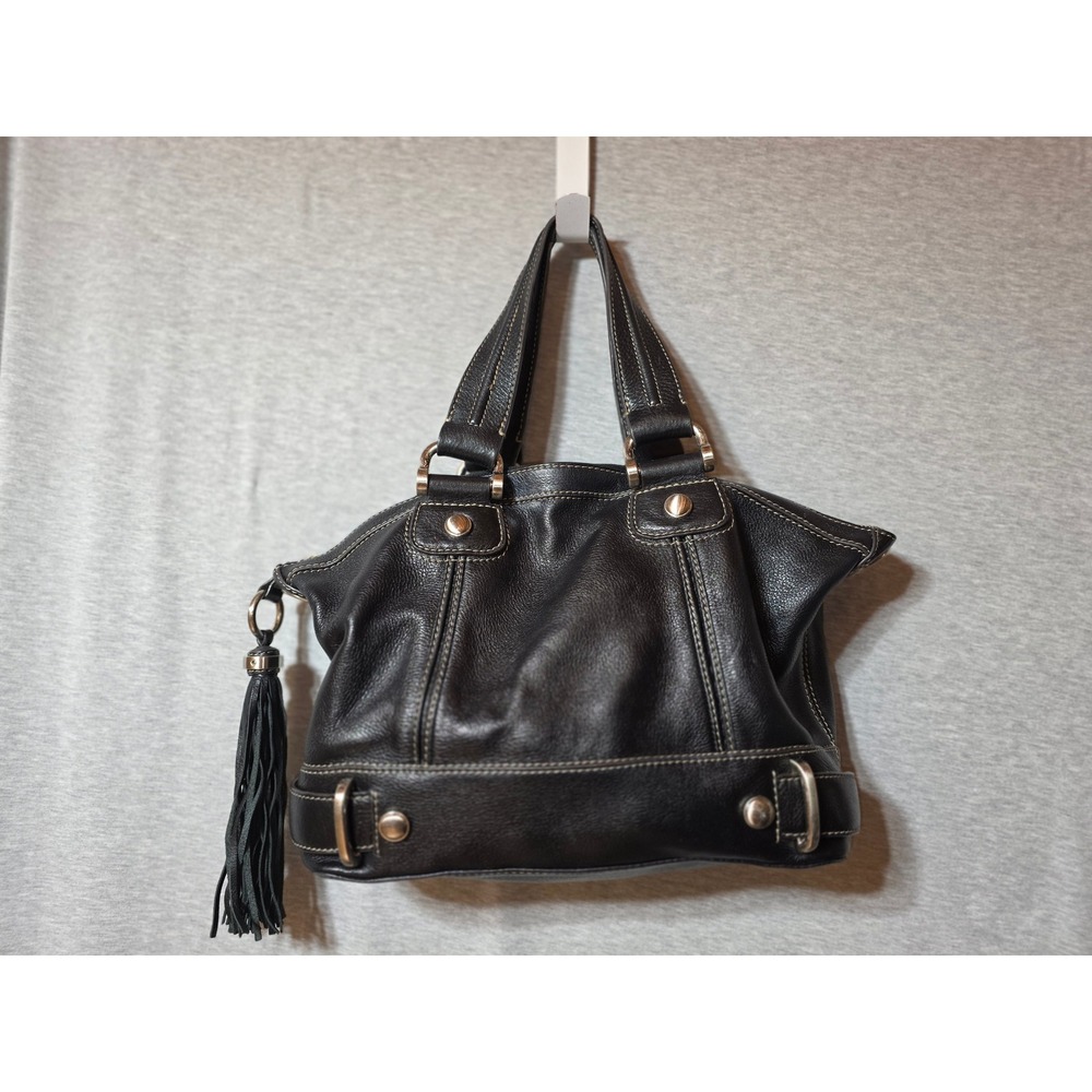B. Makowsky Black Pebbled Leather Satchel Handbag Tassel Paisley Lining